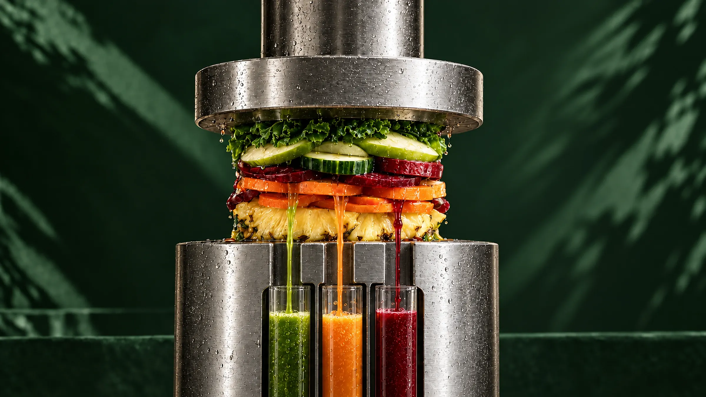 The cold press, whole produce pressed into three glasses